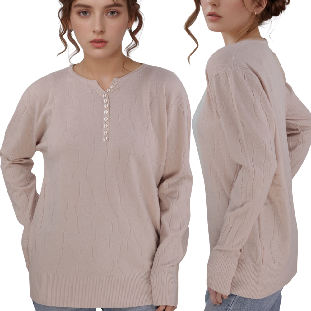 Front view of the light beige long sleeve sweter with button details.