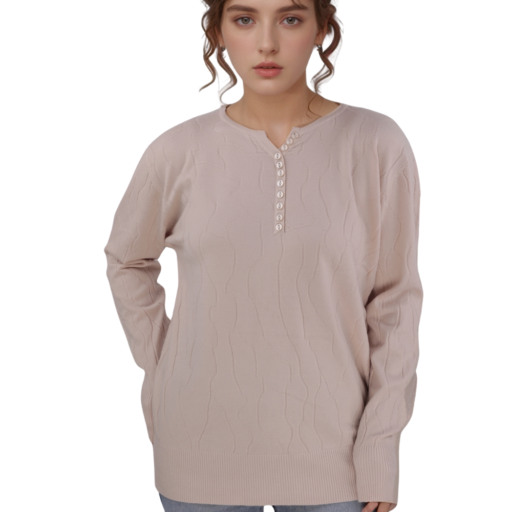 Front view of the light beige long sleeve sweter showcasing button details.