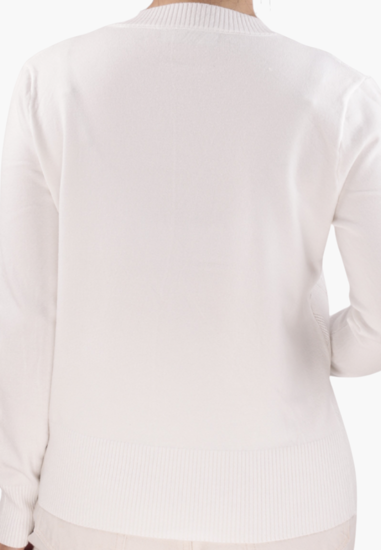 Back view of a plain white sweater with long sleeves.