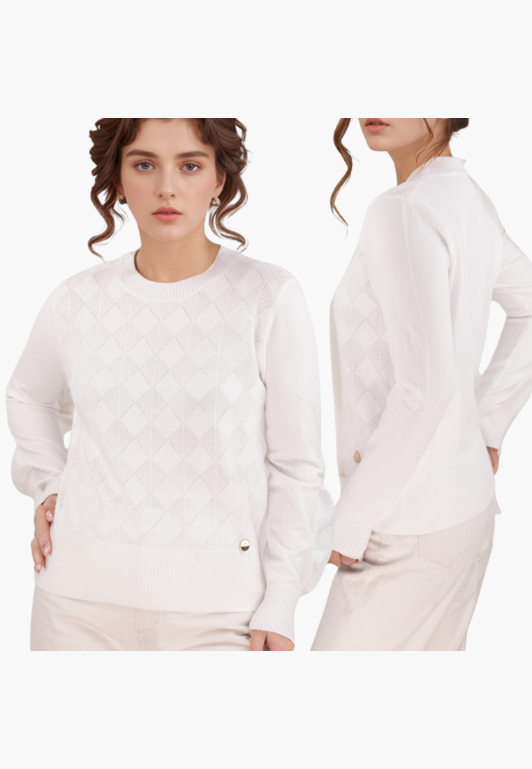 Front view of a textured white sweater with long sleeves.