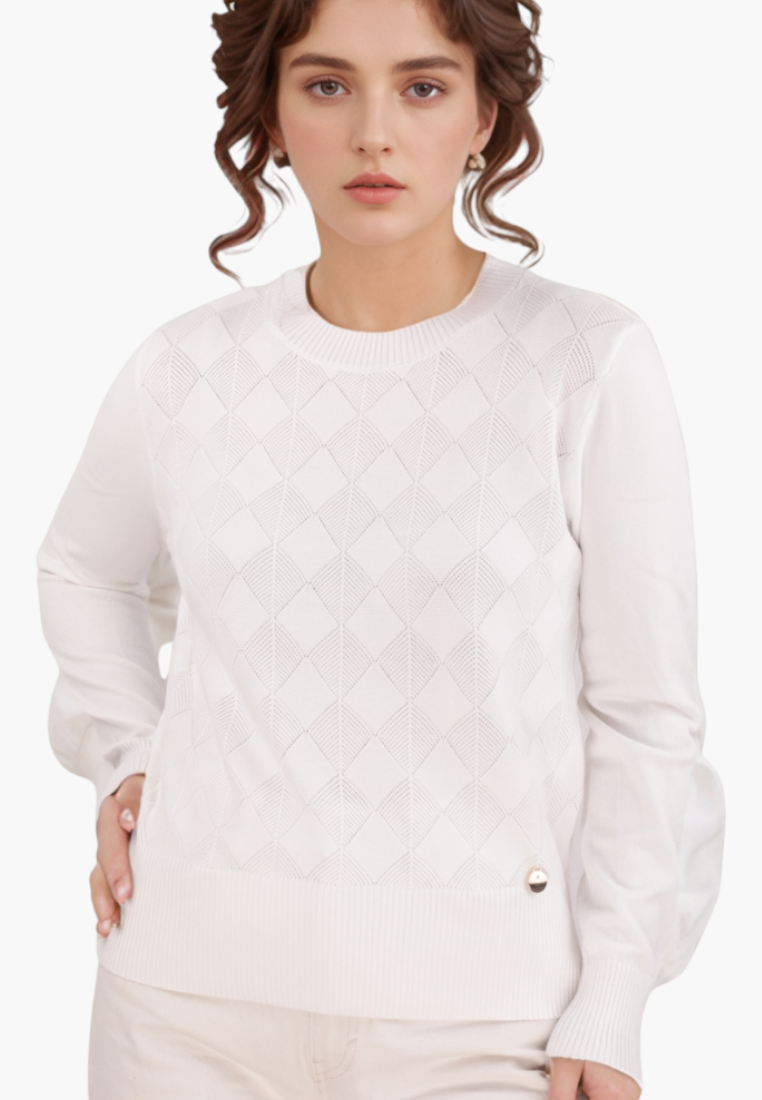 Front view of a textured white sweater with long sleeves.