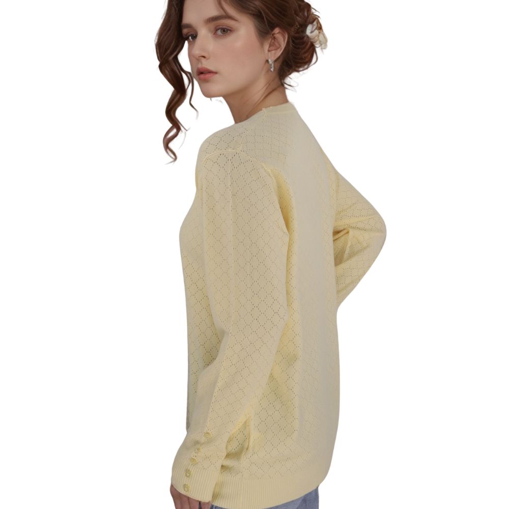 Back view of the yellow long-sleeve sweter with crew neck.
