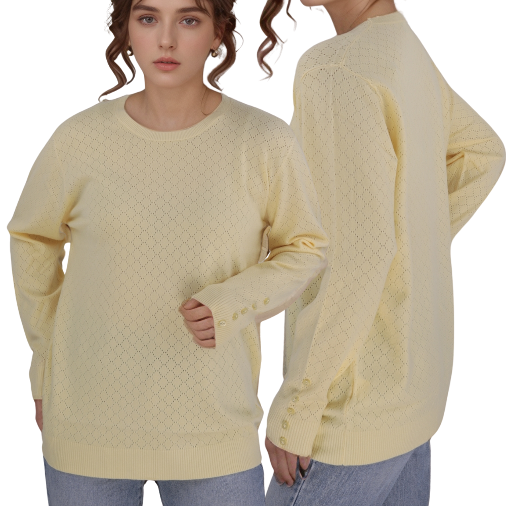 Front view of the yellow long-sleeve sweter with crew neck.