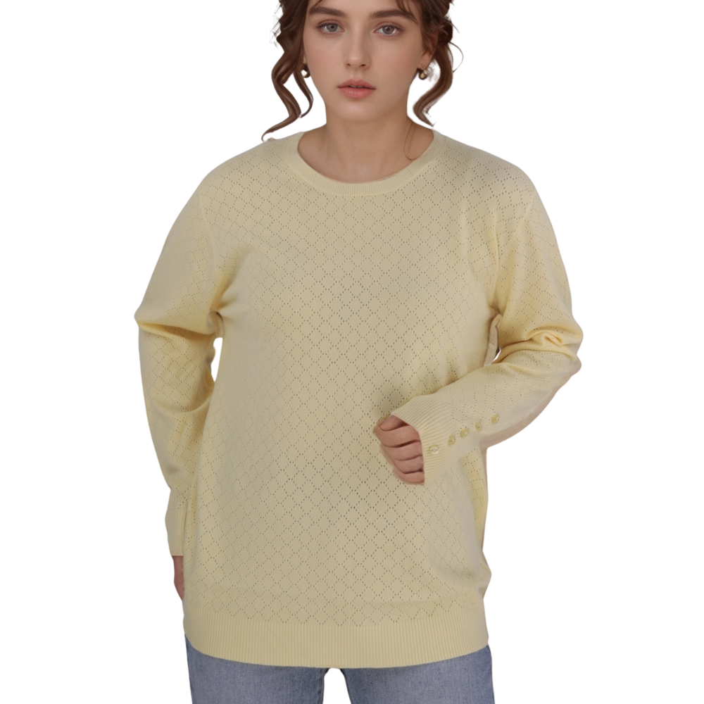 Front view of the yellow long-sleeve sweter with crew neck.
