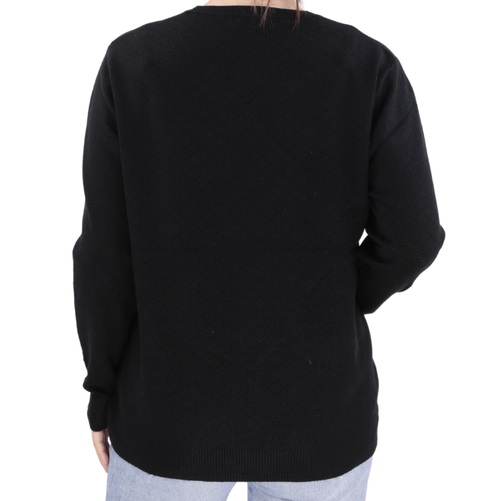 Back view of the black cardigan with long sleeves and button closure on a white background.