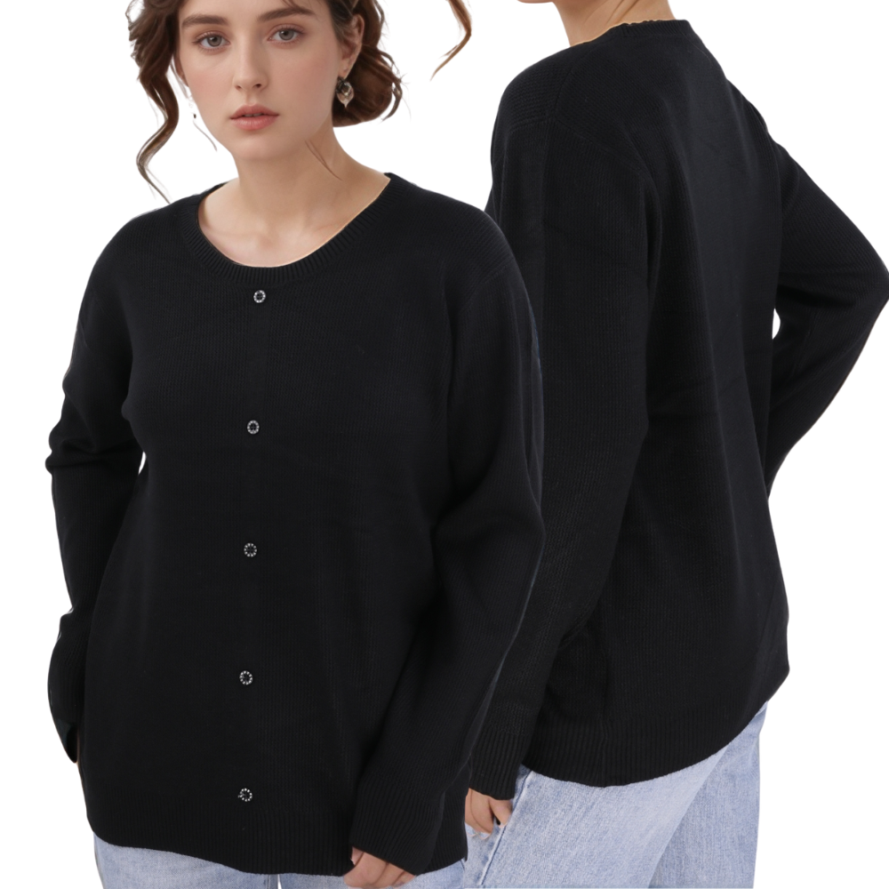 Front view of the black cardigan with long sleeves and button closure on a white background.