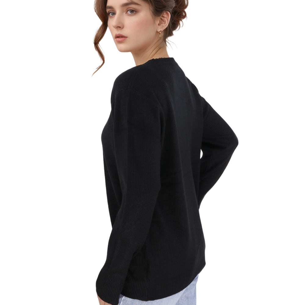 Front view of the black cardigan showcasing long sleeves and button closure on a white background.