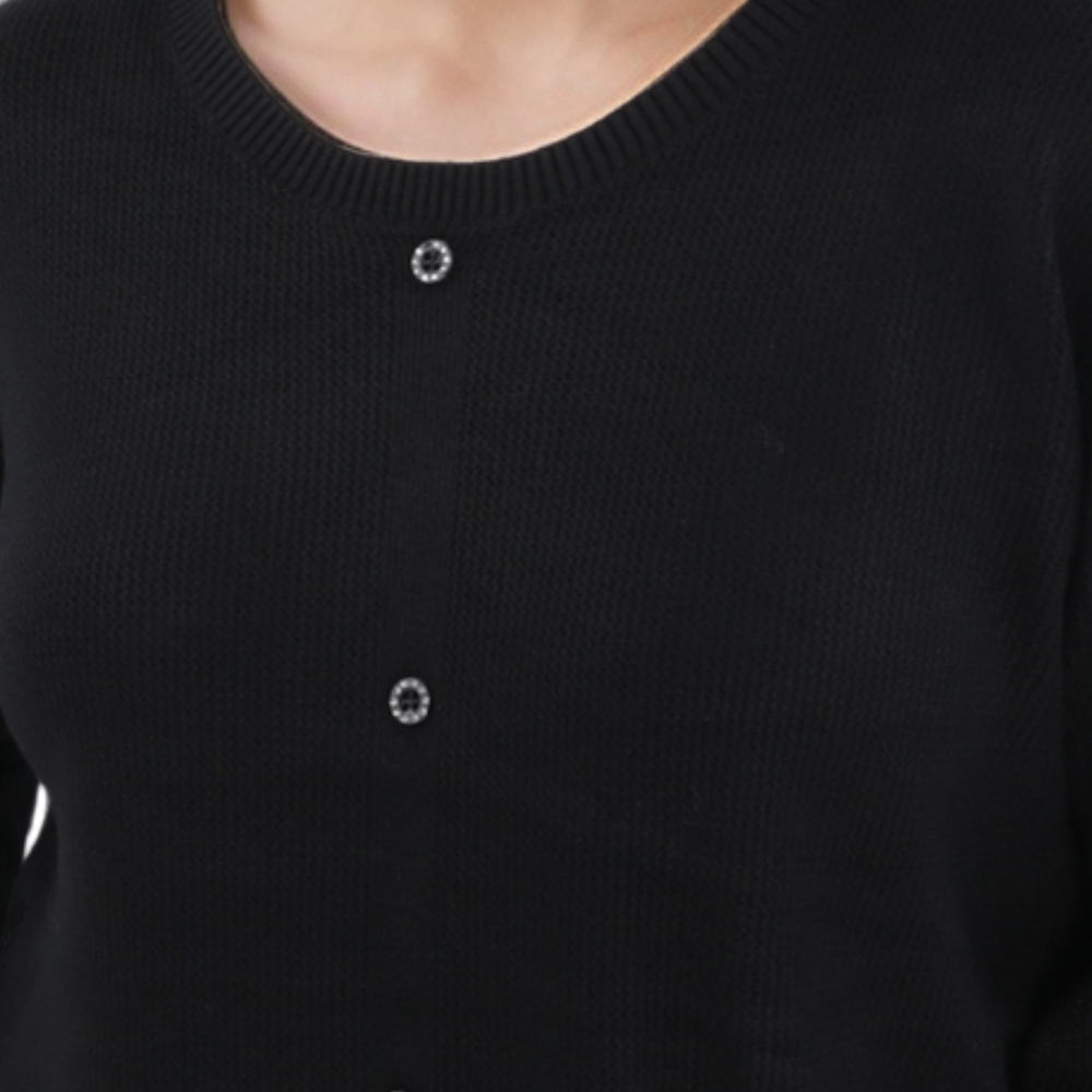 Detail close-up of the black sweater highlighting soft fabric and button closure.