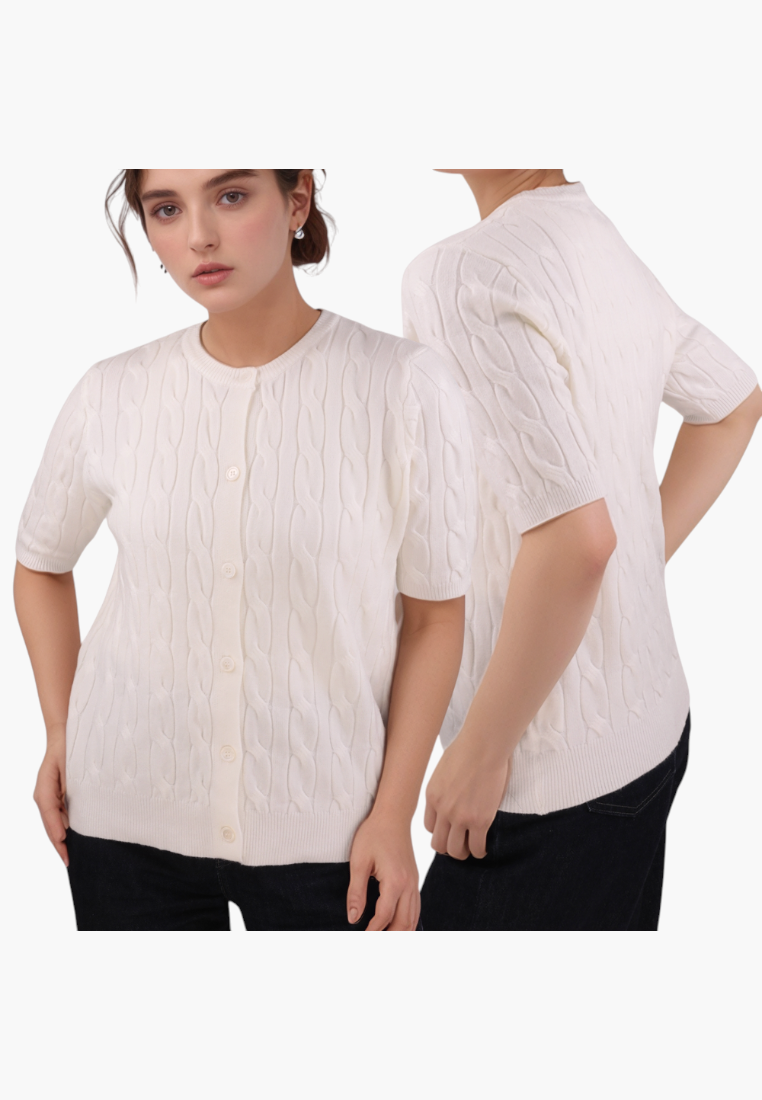 Front view of the cream short-sleeve sweter with button closure.