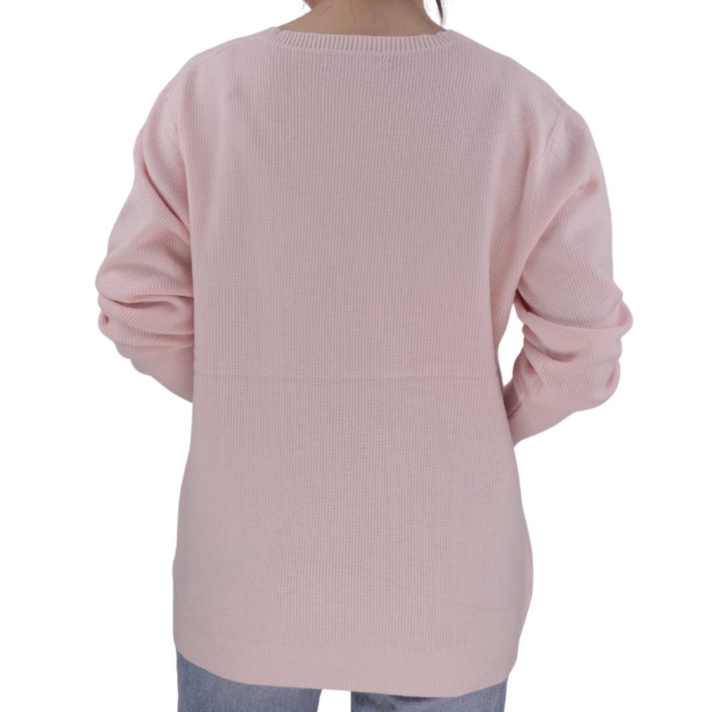 Back view of a pink cardigan with long sleeves displayed on a white background.