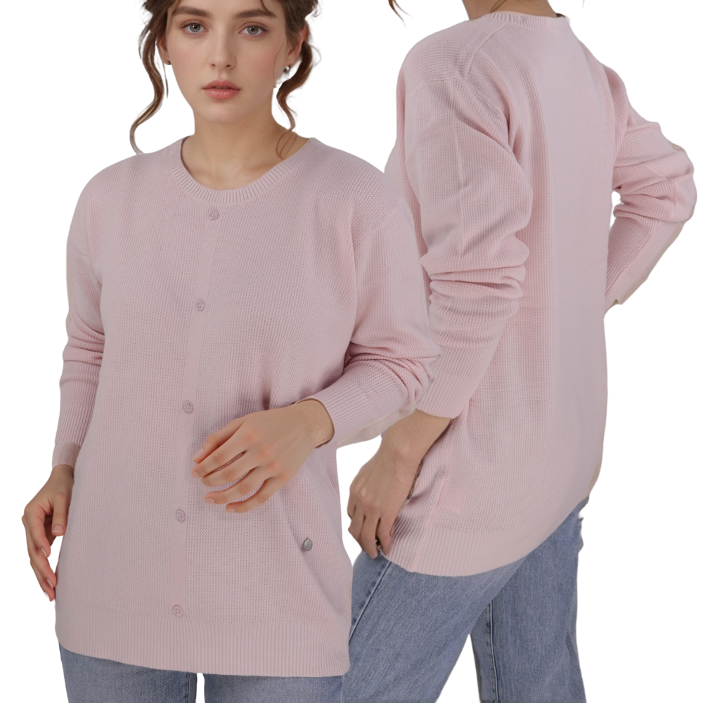Lifestyle shot of a pink cardigan with button closure and long sleeves against a white background.