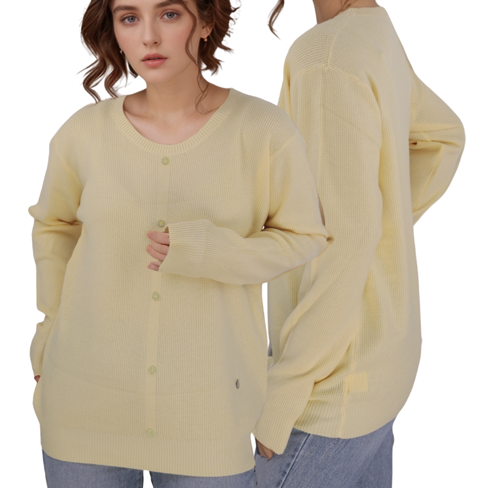 Front view of the żółty sweter damski with button closure and long sleeves.
