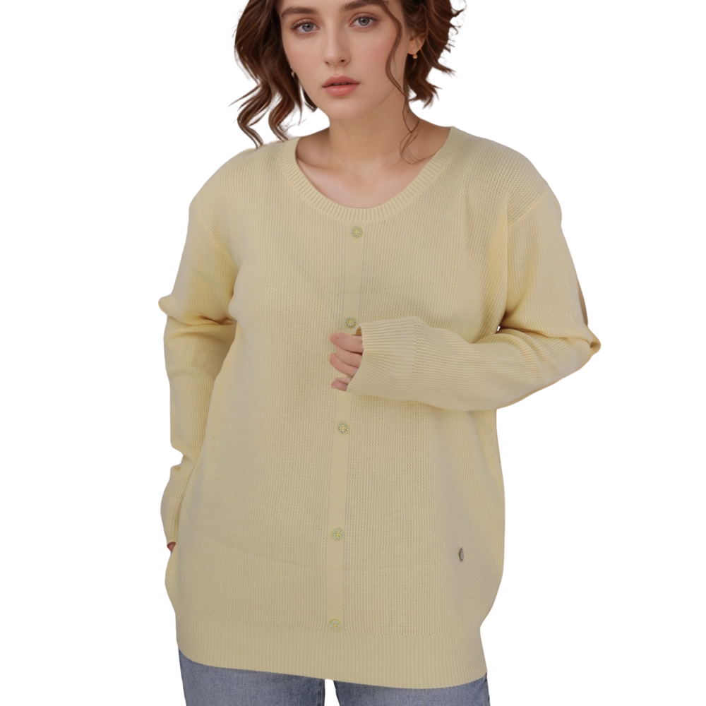 Front view of the żółty sweter damski with button closure and long sleeves.
