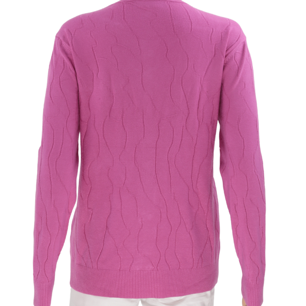 Back view of a yellow women's sweater showcasing its design.