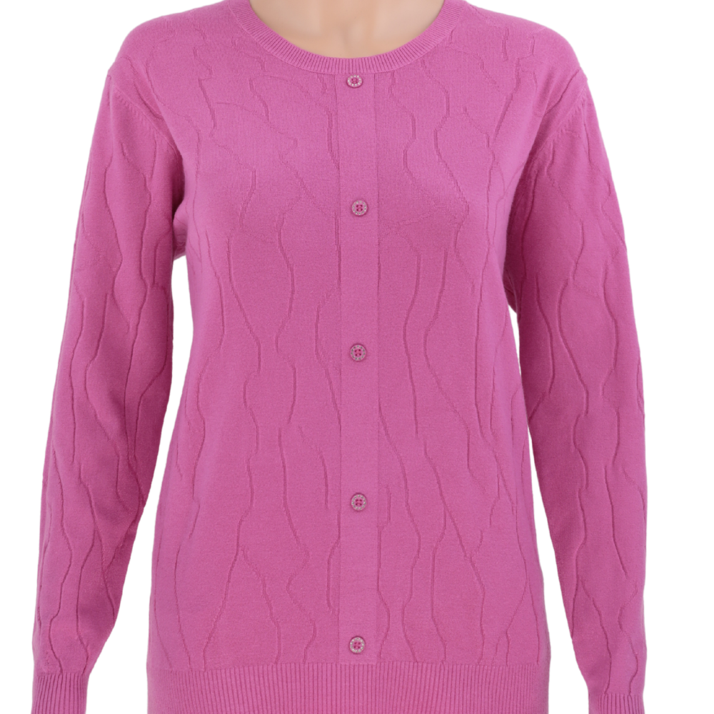 Front view of a yellow women's sweater featuring a round neckline.