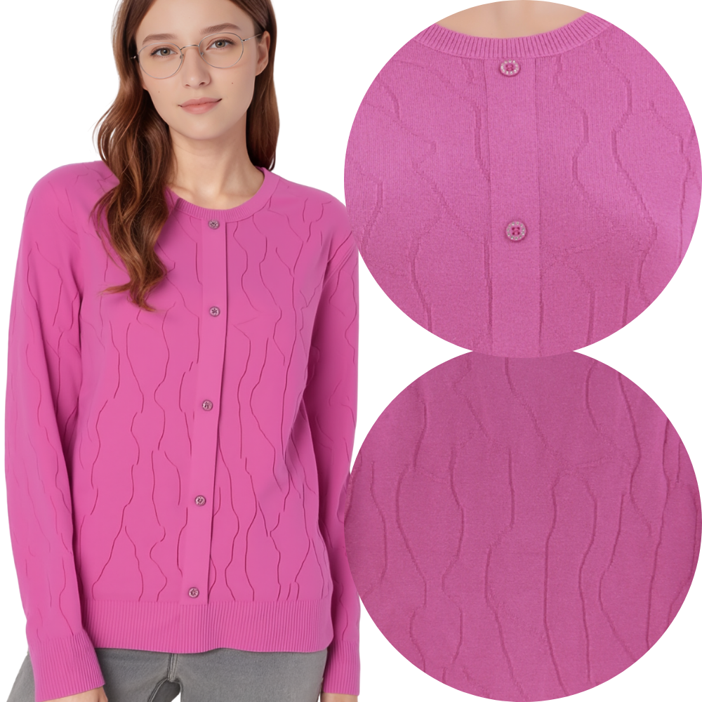 Lifestyle shot of a yellow women's sweater with a round neckline.
