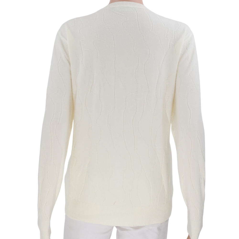 Back view of the cream sweter showcasing ribbed texture and long sleeves on a white background.