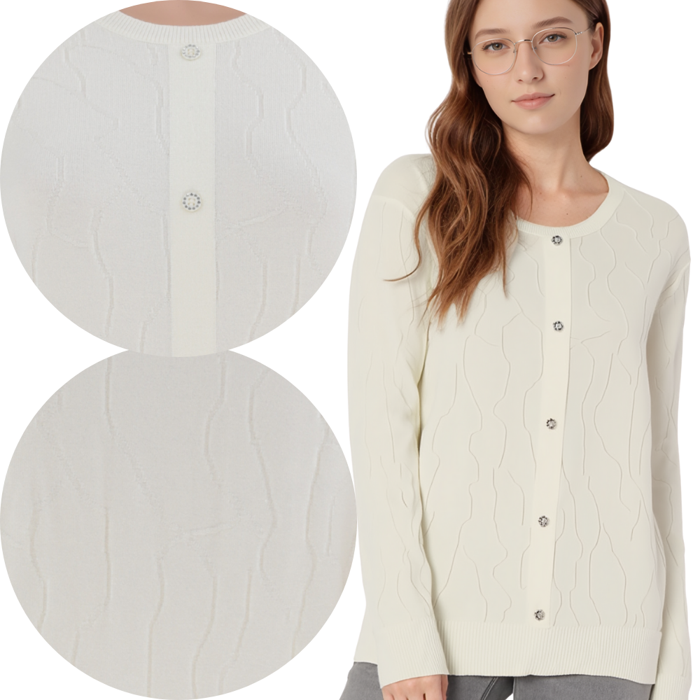 Detail close-up of the cream sweter with ribbed texture on a white background.