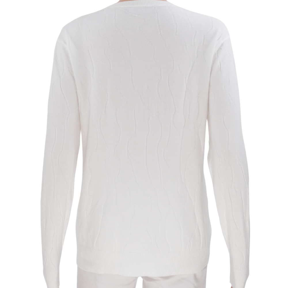 Back view of a white cardigan with long sleeves against a white background.