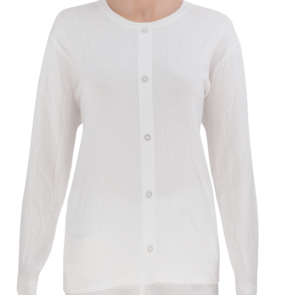 Front view of a white cardigan with long sleeves against a white background.