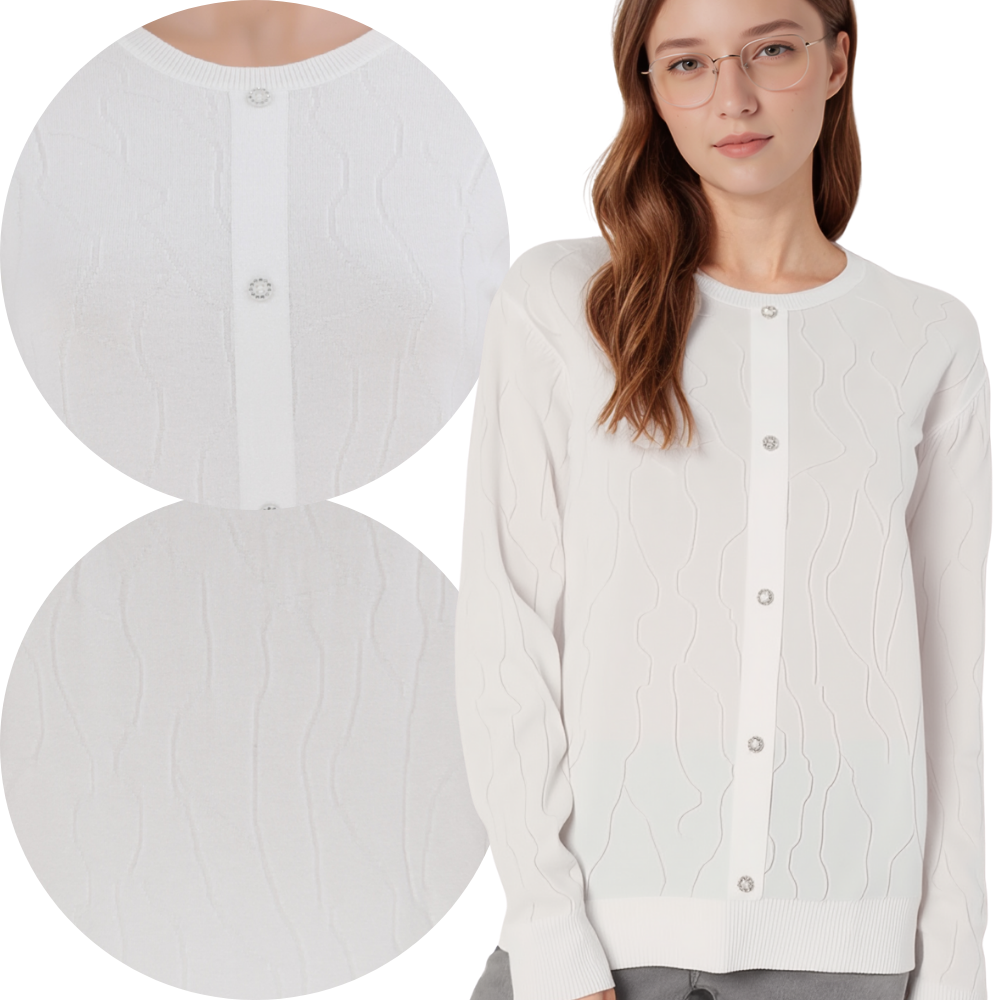 Lifestyle shot of a white cardigan with long sleeves on a transparent background.