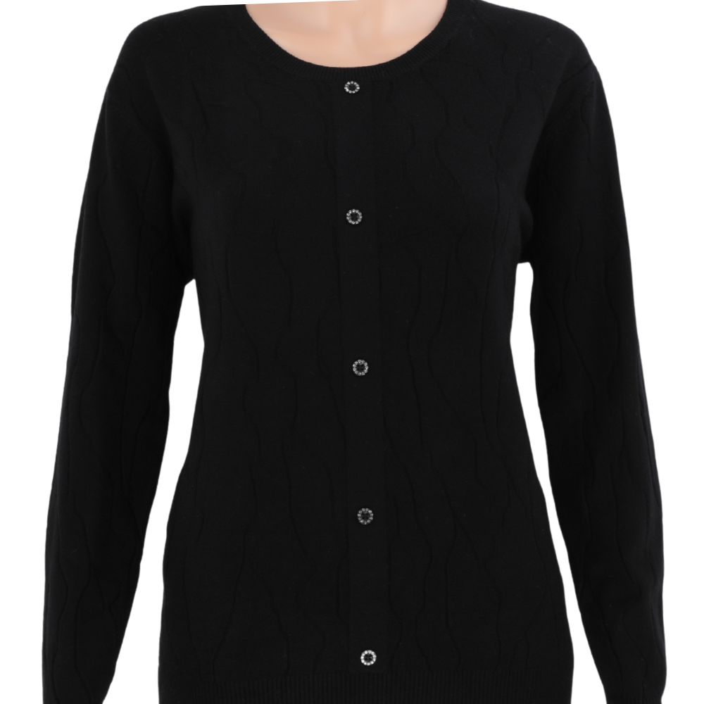 Front view of a black cardigan featuring long sleeves on a white background.