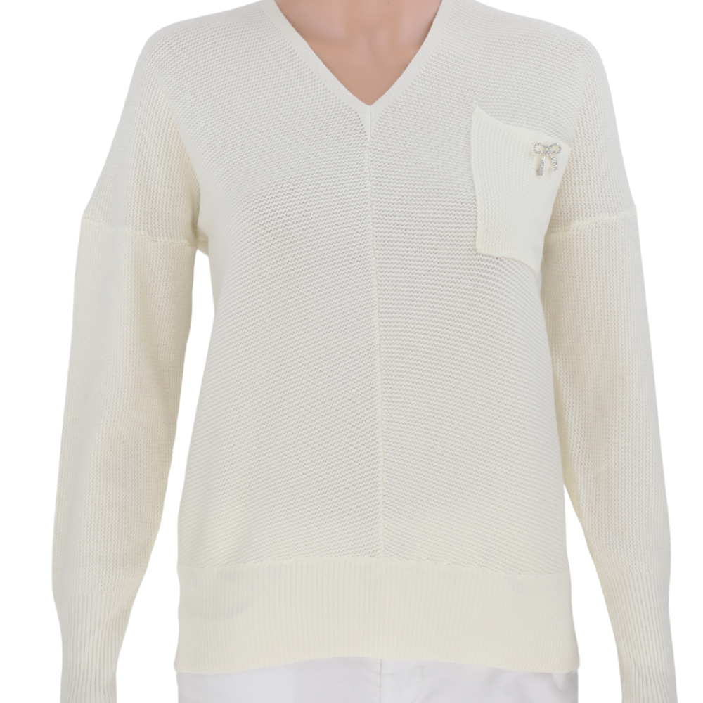 Front view of a cream v-neck sweater showcasing pocket detail on a white background.