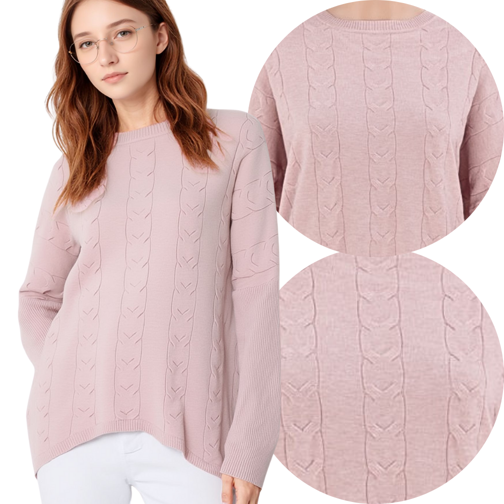 Jasnoróżowy sweter damski w stylu życia, długie rękawy, wzór w warkocze.