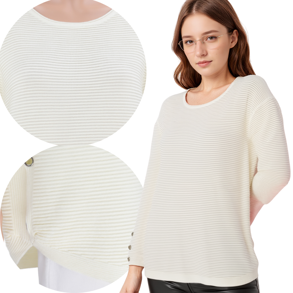 Stylowy sweter damski w kolorze kremowym, widok lifestyle z długimi rękawami.