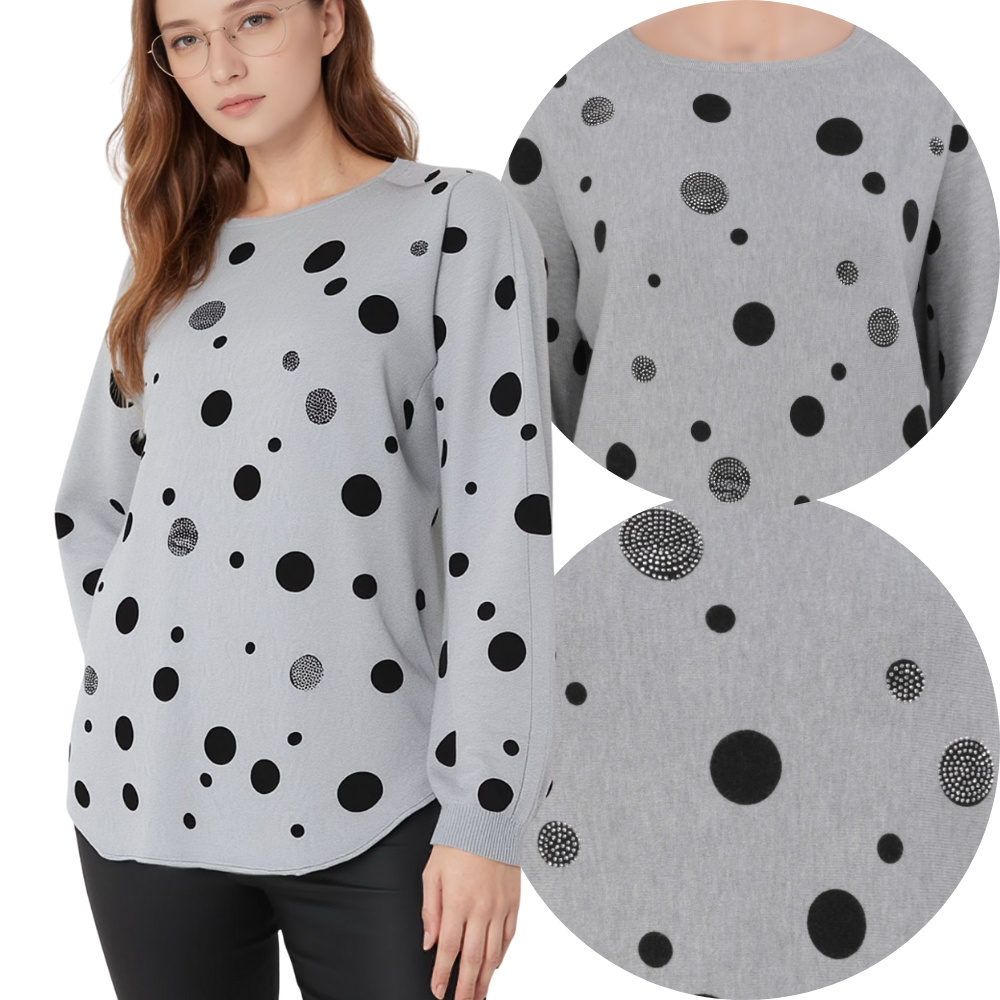 Detail shot of a gray sweater with a polka dot pattern and long sleeves.