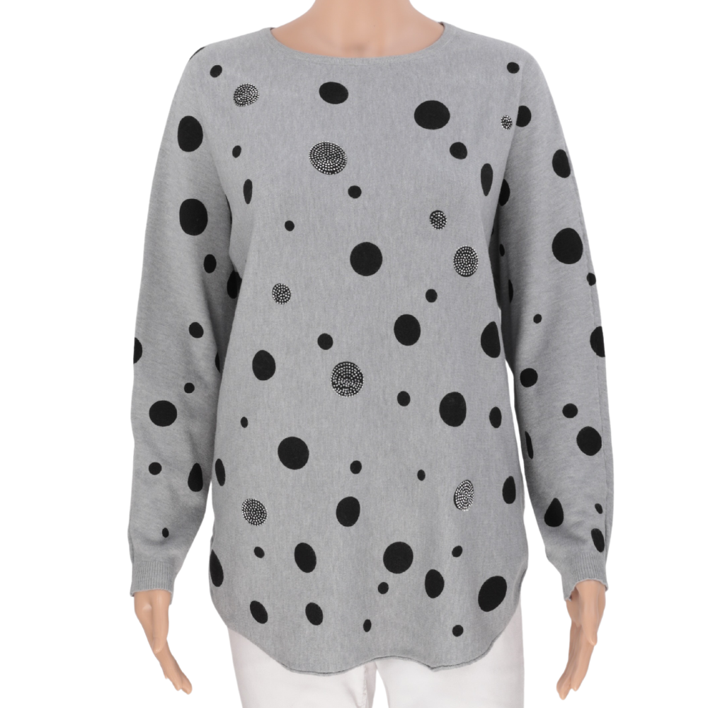Front view of a gray sweater featuring a polka dot pattern and long sleeves.