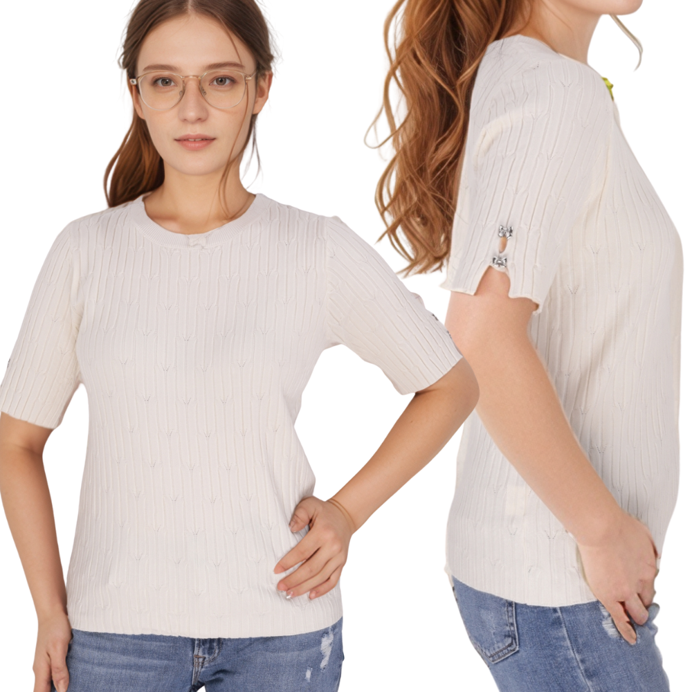 Front view of the black women's sweater with short sleeves and round neckline.