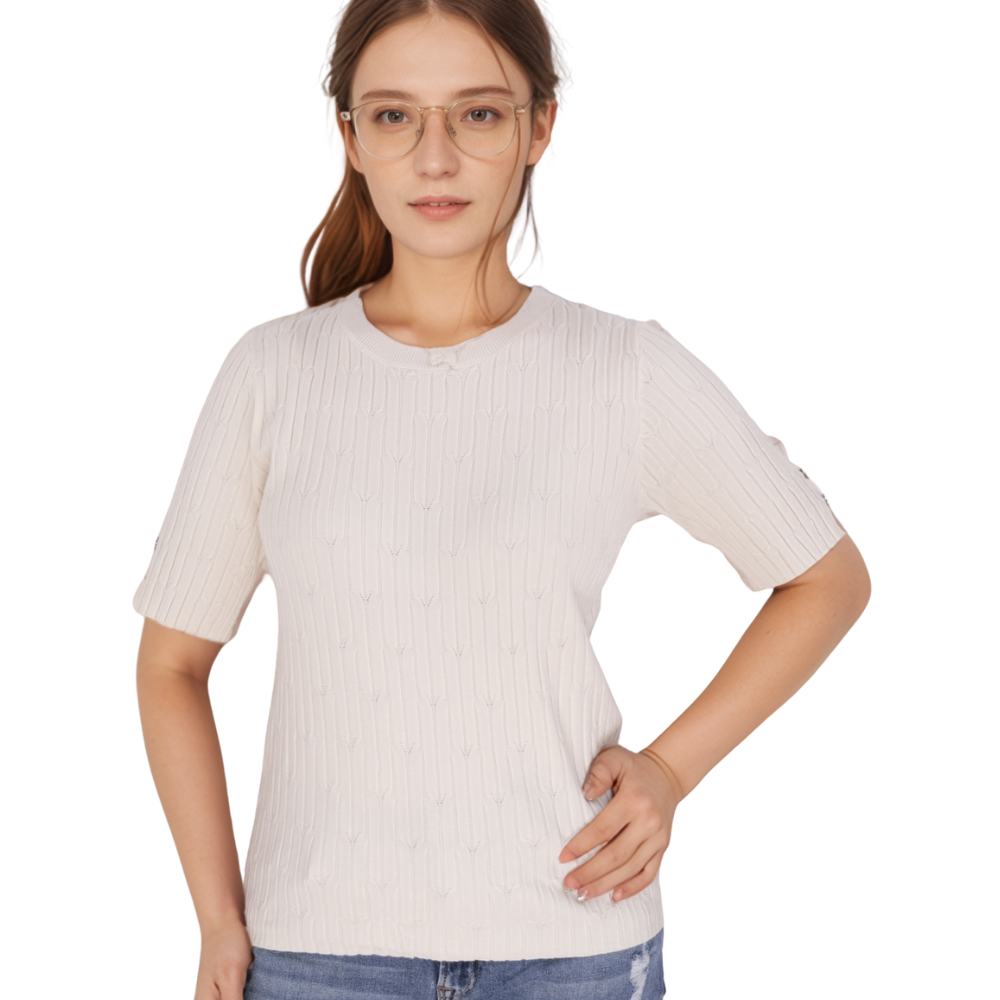 Front view of the black women's sweater highlighting its short sleeves and round neckline.