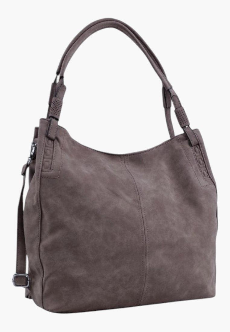 Boczny widok szarej torebki damskiej shopper na ramię z miękkiego materiału.