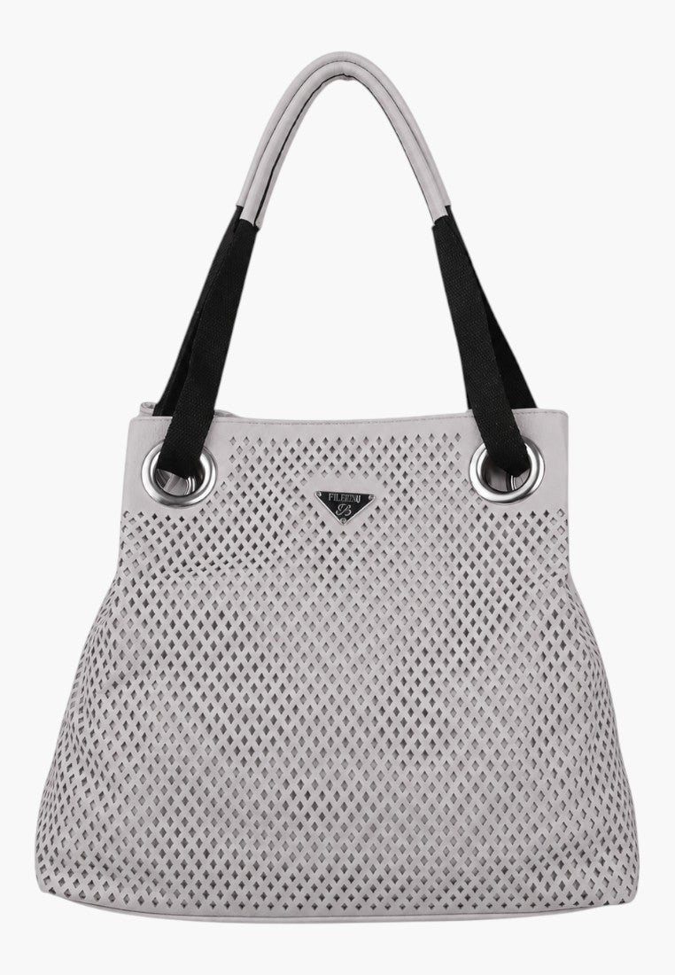Szara torebka damska shopper z przodu, z dwoma uchwytami i detalem logo.
