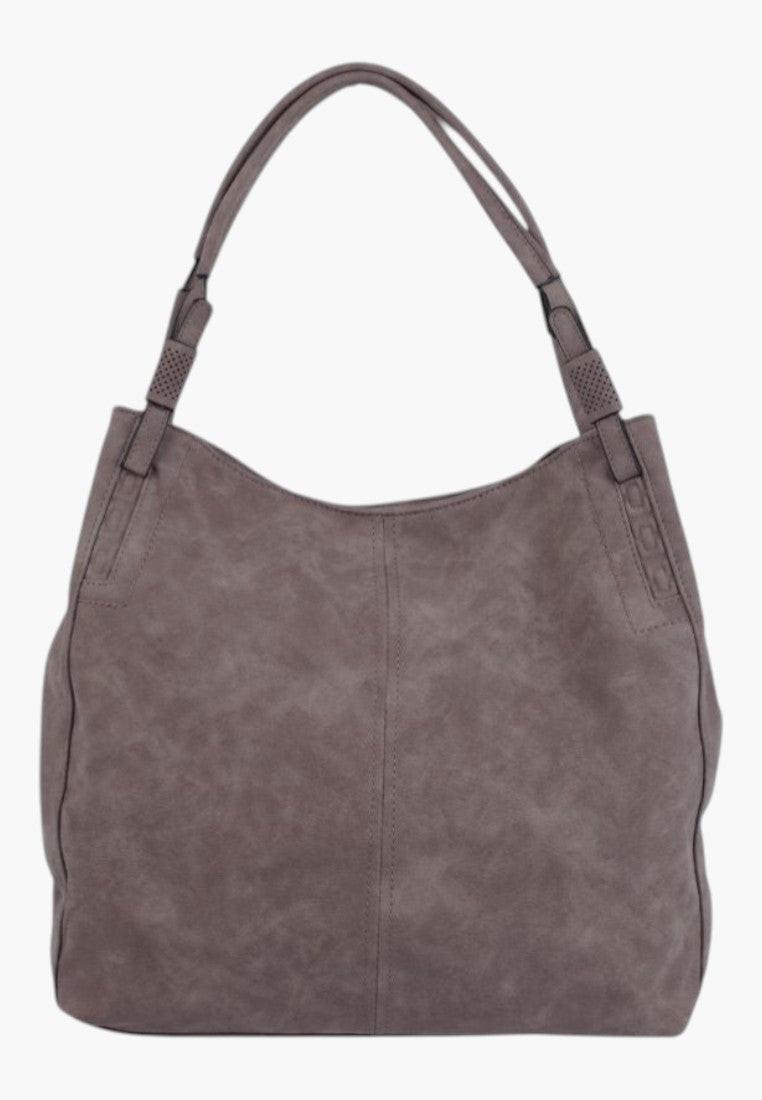 Frontowy widok szarej torebki damskiej shopper na ramię z miękkiego materiału.