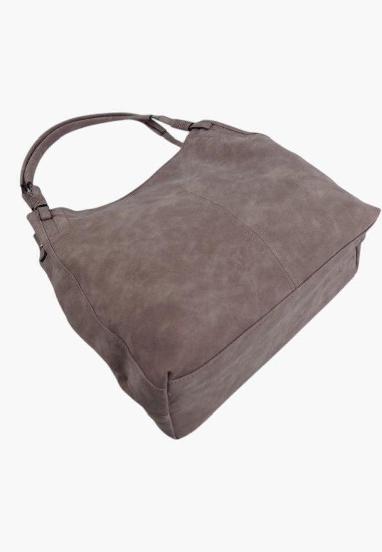 Inny kąt szarej torebki damskiej shopper na ramię z miękkiego materiału.