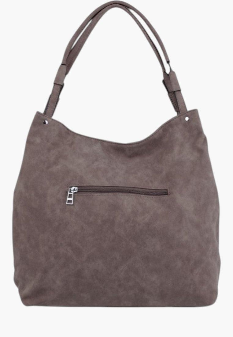 Tylny widok szarej torebki damskiej shopper na ramię z miękkiego materiału.
