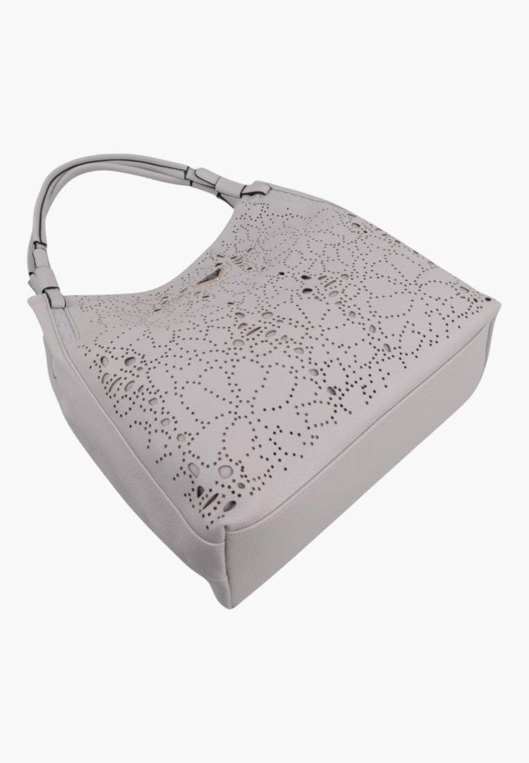 Widok z boku szarej torebki shopper z teksturowanym materiałem.