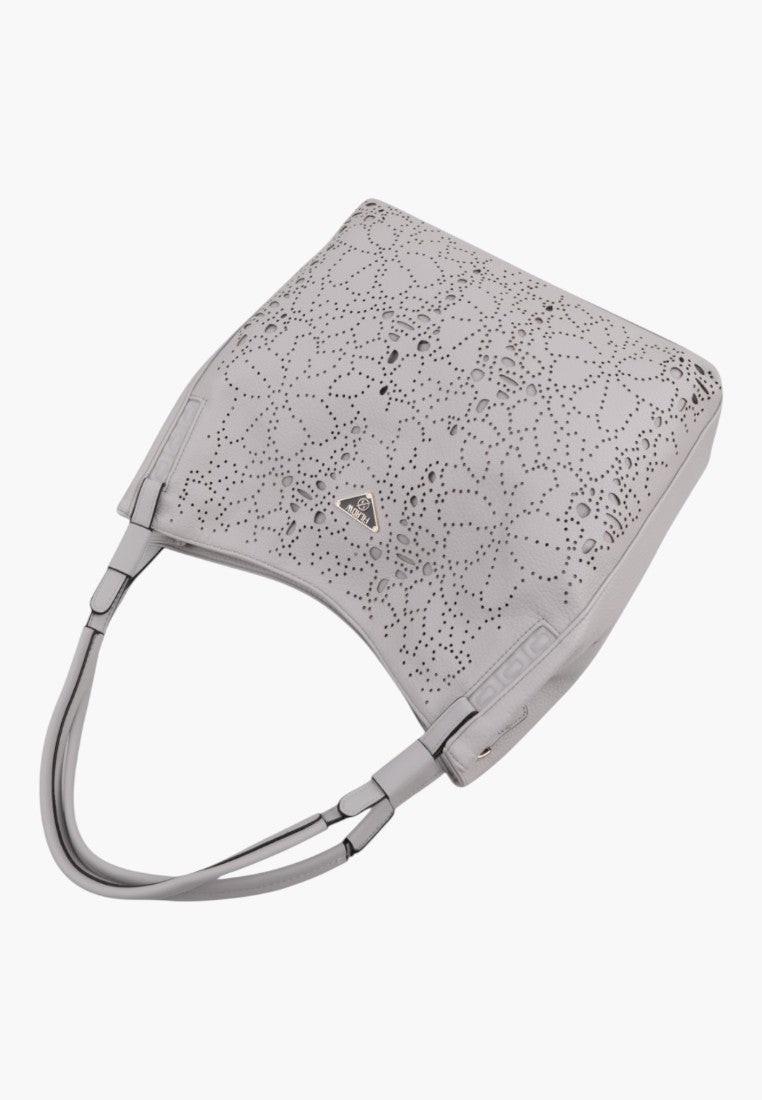Widok z tyłu szarej torebki shopper o minimalistycznym designie.