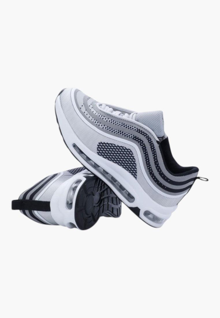 Szare buty sportowe damskie z boku, stylowy design, na białym tle