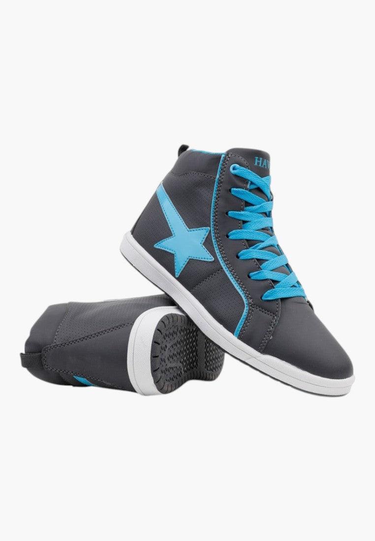 Szare damskie buty sportowe z niebieskimi sznurówkami w stylu lifestyle