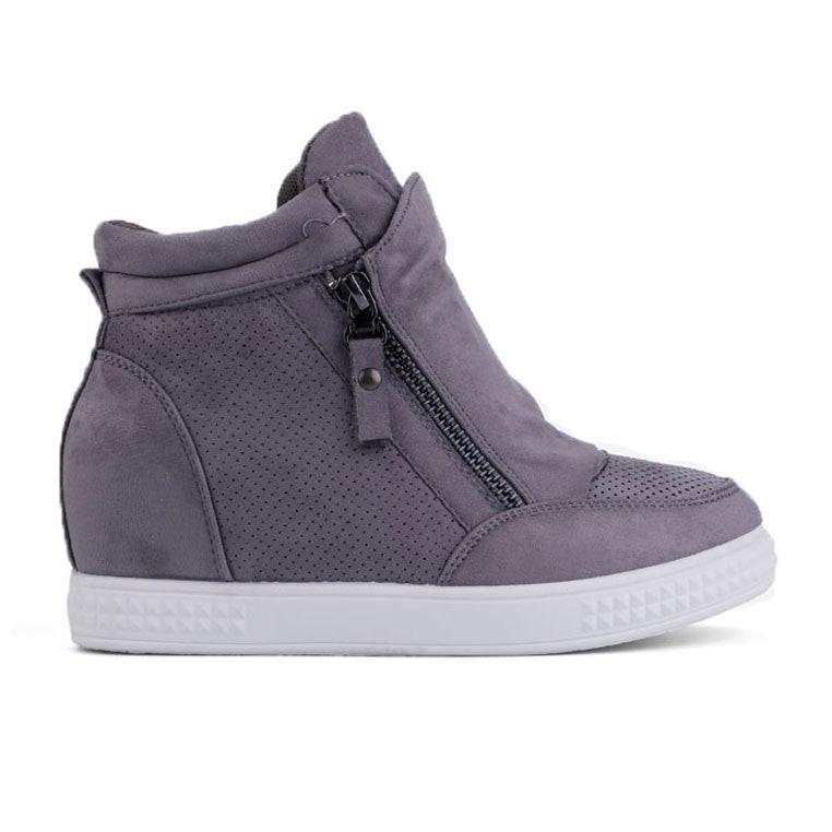 Szare sneakersy damskie z zamkiem błyskawicznym, widok z boku