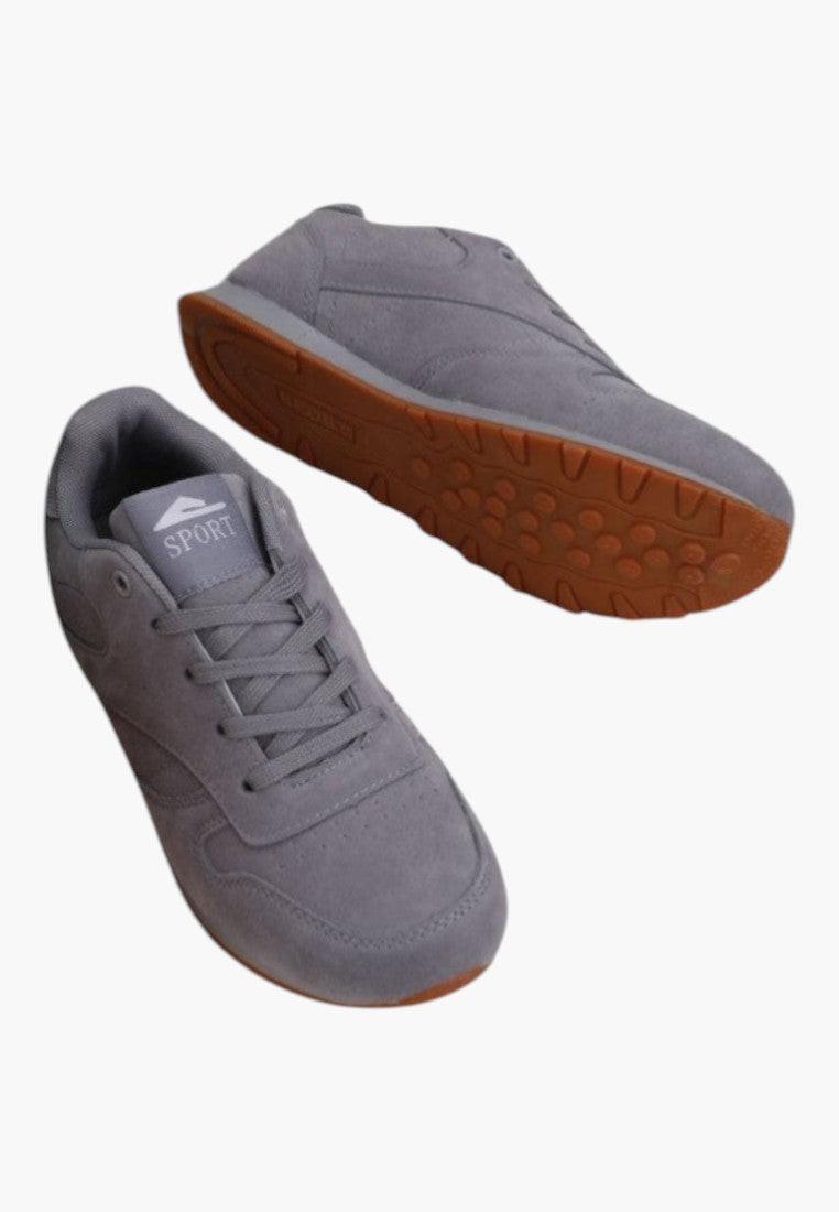 Szare sportowe buty damskie, widok z boku, lekkie z miękką podeszwą