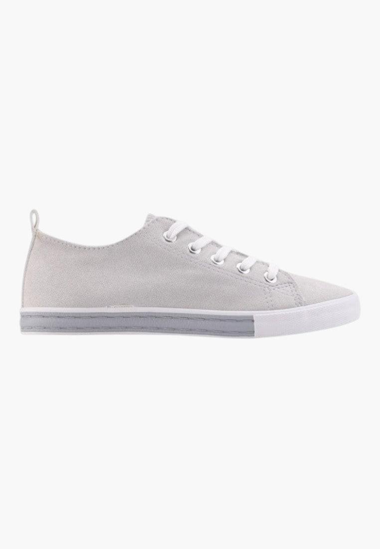 Front view of gray eco-suede sneakers featuring lace-up design.