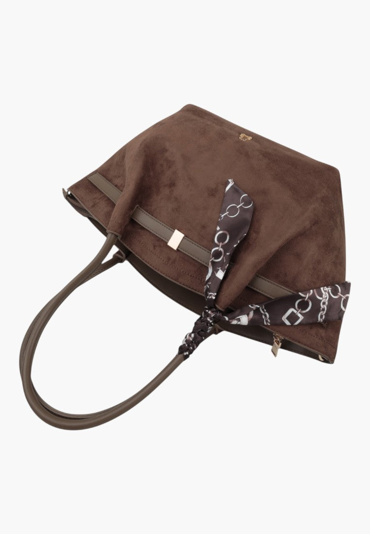 Back view of the taupe faux suede shopper bag with shoulder straps and decorative scarf.