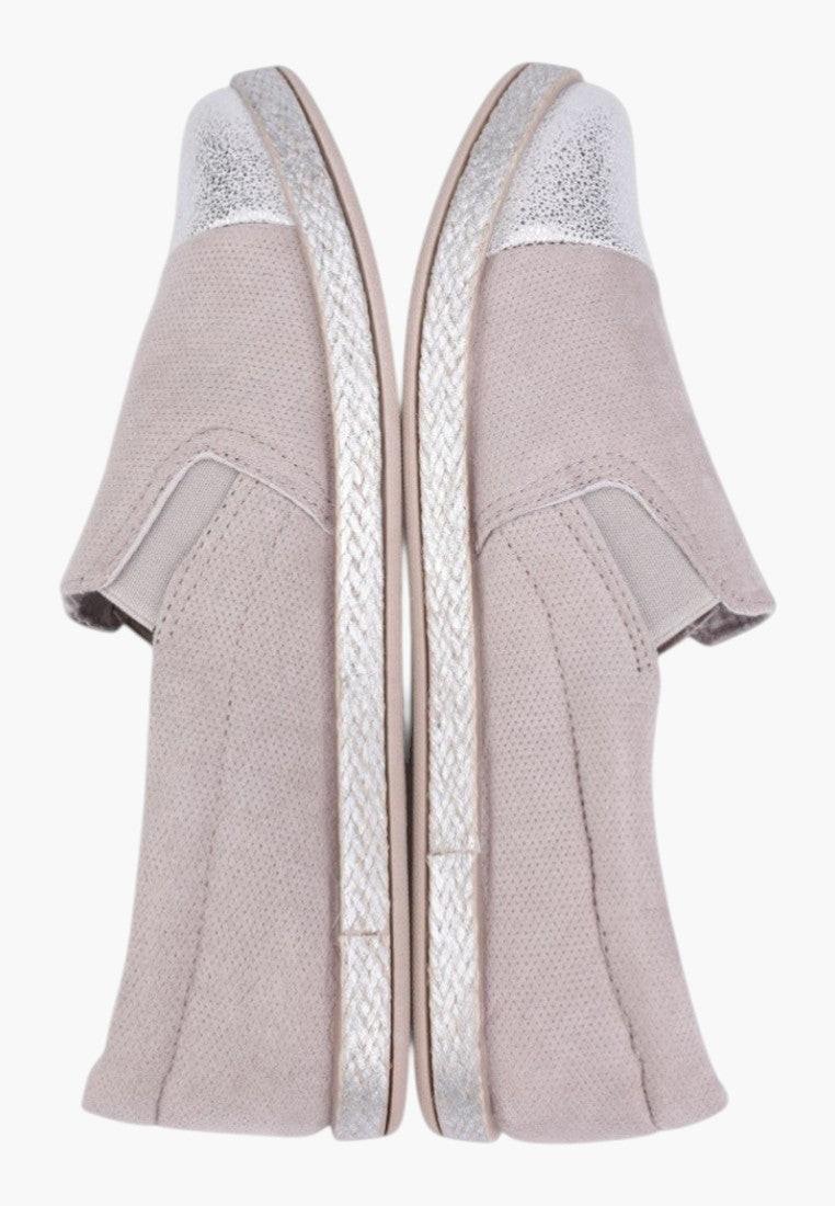 Front view of a light beige robe with short sleeves and contrast trim.