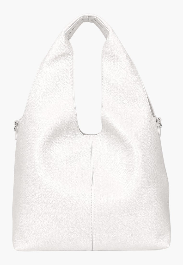 Back view of the white ecological leather handbag with smooth finish and shoulder straps.