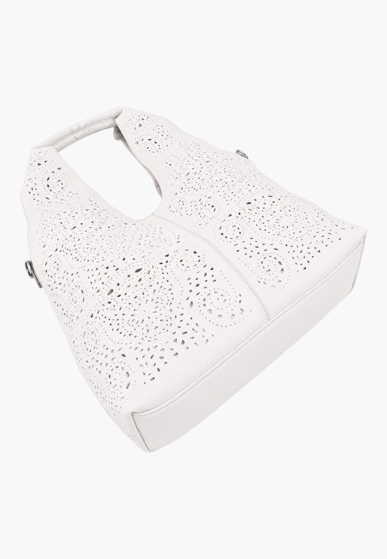 Detail view of the white ecological leather handbag showing textured pattern and metal accents.