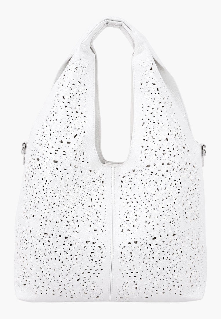 Front view of the white ecological leather handbag with textured pattern and shoulder straps.